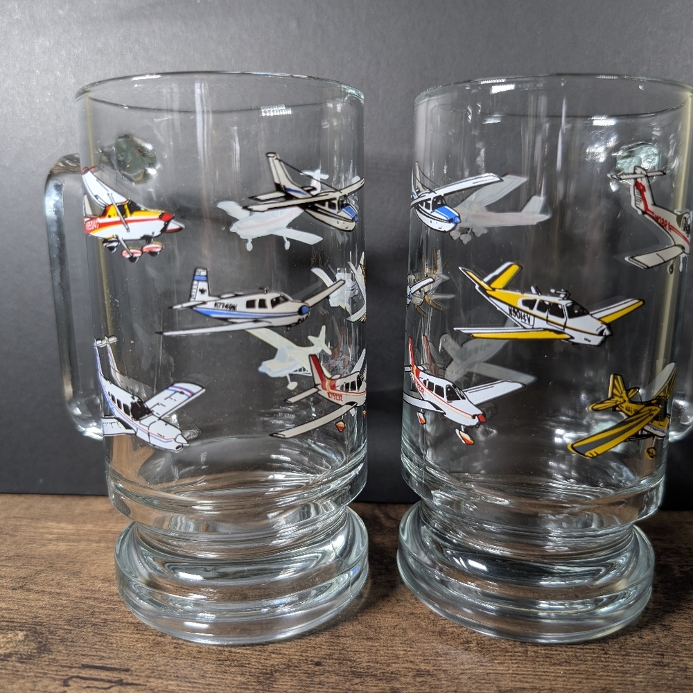 Vintage Aviation Planes Glass Mugs, Set of 2